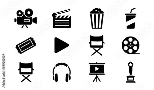 SEO Title:
Cinema glyph vector icon set with solid movie symbols for entertainment branding and print