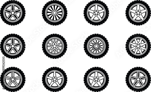 Car wheel tire icons set featuring alloy rims patterns for automotive transport vehicle design concepts illustration vector collection