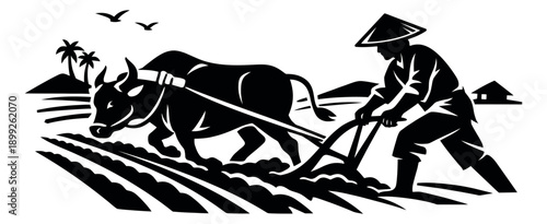 Graphic illustration of a farmer and an ox depicting traditional plowing for agricultural concepts
