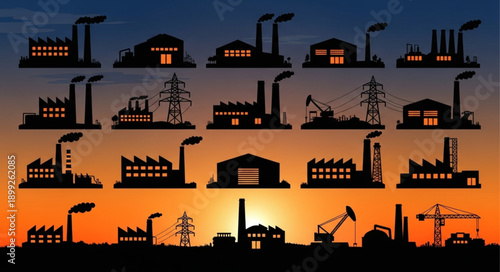 Collection of Industrial Factory Silhouettes at Sunset.