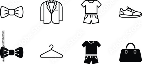 Clothing and fashion outline icons set featuring apparel, accessories, footwear, wardrobe items, and style essentials design concepts