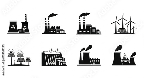 Collection of industrial factory and power plant icons.