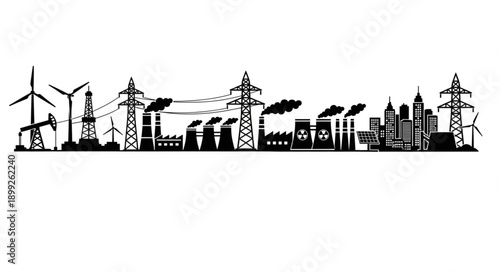 Industrial city skyline with wind turbines and power lines.