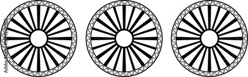 Decorative circular wheel ornament icons set featuring radial symmetry patterns for vintage design, mandala, emblem, and decorative concepts