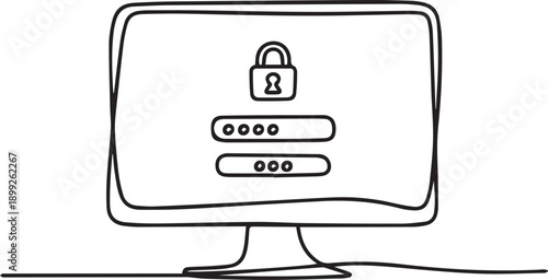 Computer monitor displaying a secure login page with a padlock and password fields shown in a simple line art style