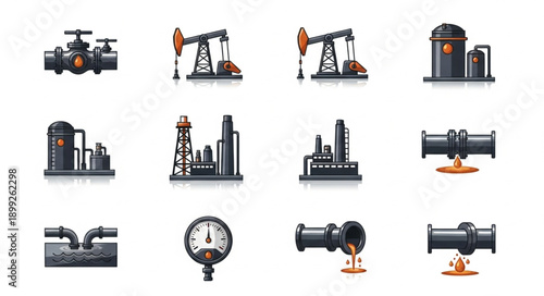 Collection of oil and gas industry icons and illustrations.