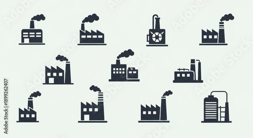 Collection of Industrial Factory Building Icons with Smoke Stacks.