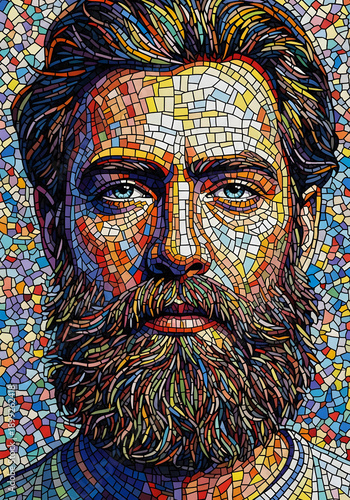 Vibrant Mosaic Portrait of a Bearded Man in Colorful Abstract Style