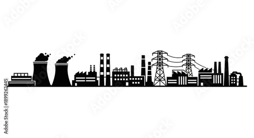 Industrial Factory Skyline Silhouette with Cooling Towers and Power Lines.