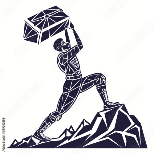 Abstract geometric titan figure built from bold shapes, powerful, modern, digital art, illustration.