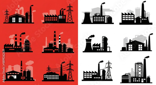Collection of Industrial Factory Silhouettes with Smoke Stacks.