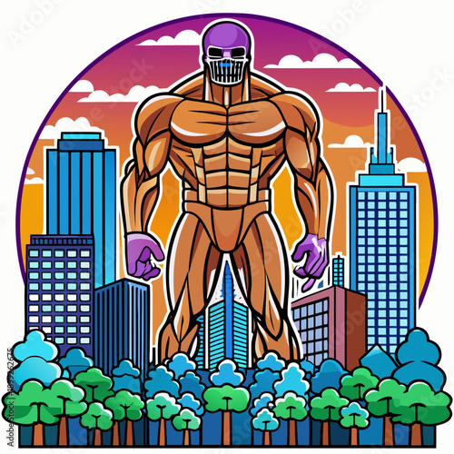 Giant titan silhouette towering over a modern city, imposing, powerful, urban landscape.