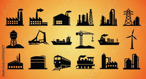Collection of industrial building and transportation silhouettes.