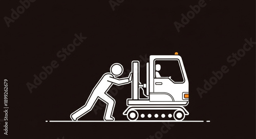 Person pushing a small forklift truck on a dark background.