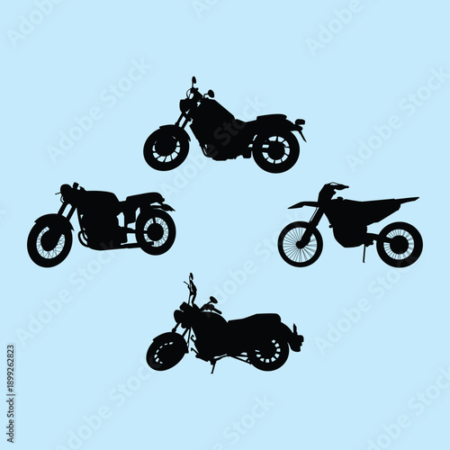 Collection of four distinct black motorcycle silhouettes showcasing a variety of styles including cruiser road bike cafe racer and dirt bike models isolated on a light blue background for graphic desi