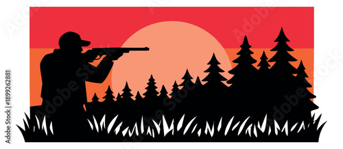 Silhouette illustration of a hunter depicting aiming a rifle in a forest at sunset for outdoor adventure