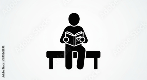 Person Reading Book Sitting on Bench Icon.