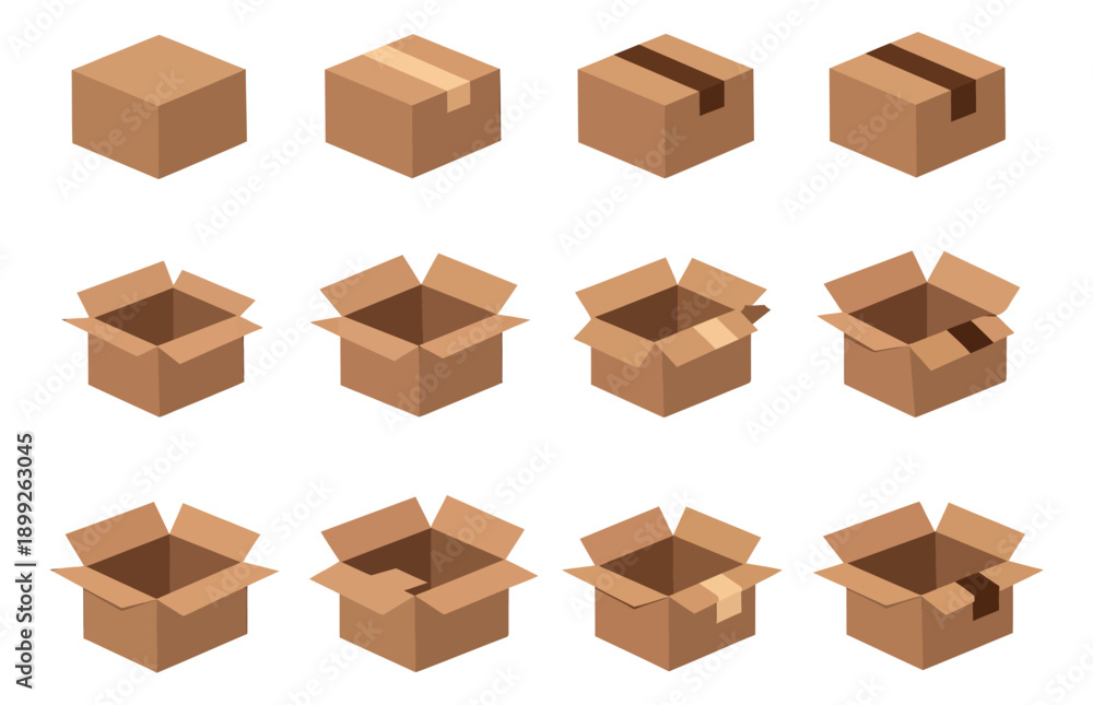 Fototapeta premium Isometric cardboard box set featuring closed and open states with tape details for shipping and delivery