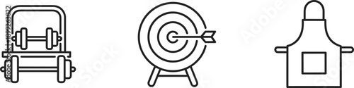 Hobby and activity outline icons set featuring weight training, target practice, and cooking apron for lifestyle concepts