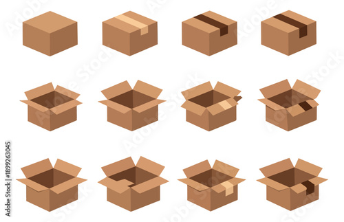 Isometric cardboard box set featuring closed and open states with tape details for shipping and delivery