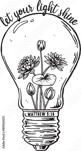 July Birth Month Water Lily Flower Let Your Light Shine Broken Light Bulb Christian Illustration Hand Drawn Vintage Christian Vector Illustration