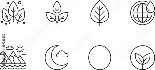 Nature ecology outline icons set featuring leaves planet water moon landscape sustainability environment symbols design concepts vector minimal