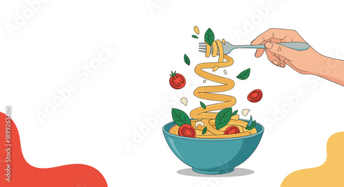 Human hand holding a fork with a swirl of spaghetti over a blue bowl filled with fresh red tomatoes and basil leaves.