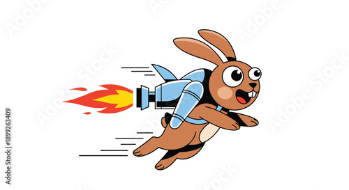 Fast cartoon rabbit flying through the air with a blue jetpack on its back and flames on a white background.