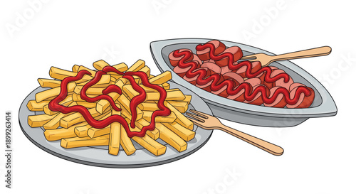 Plate of golden french fries and a bowl of sliced sausages, both covered in many swirls of bright red ketchup.
