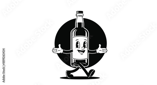 Happy black and white cartoon glass bottle character with a face, arms, and legs walking inside a large circle.