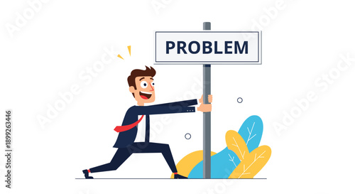 Happy businessman in a dark suit pushing a large signpost that has the word problem written on it with a big smile.