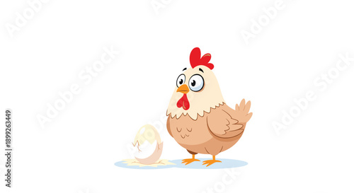 Surprised brown hen looking at a tiny yellow chick that has just hatched from its white egg shell on a white background.