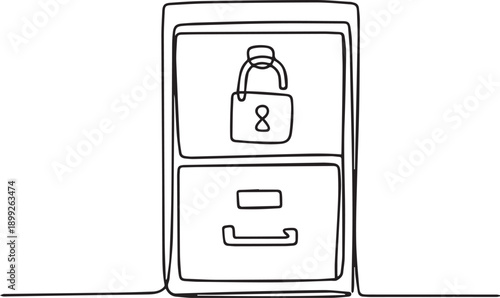 A simple line drawing of a filing cabinet with a lock on the top drawer viewed from the front.