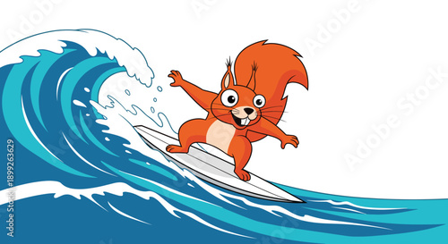 Adventurous orange squirrel character riding a white surfboard on a massive blue ocean wave under a clear blue sky.