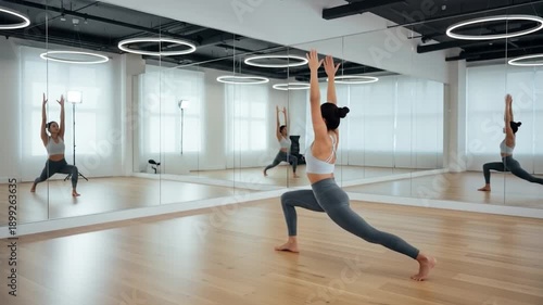 A woman in a yoga studio performing a warrior pose in front of a mirror with other yogis. Perfect for fitness, yoga classes, and wellness centers.