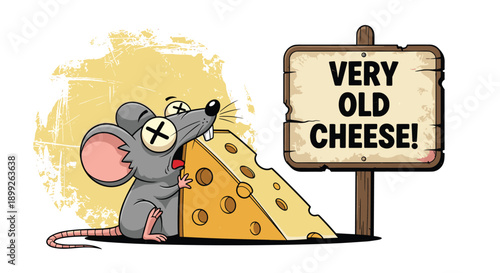 Dead cartoon mouse with crossed eyes lying next to a large piece of cheese beside a sign that says very old cheese.