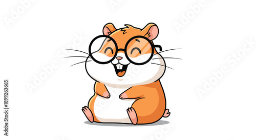 Adorable orange and white hamster character wearing large black glasses and sitting with a happy smiling face on white.