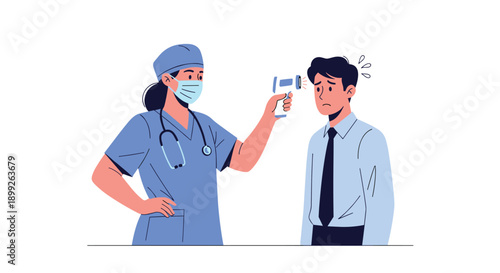 Professional nurse wearing a mask and scrubs using an infrared thermometer to check the temperature of a worried businessman.