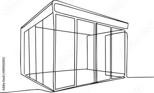 Modern kiosk stands alone in urban environment viewed from the side with clean lines