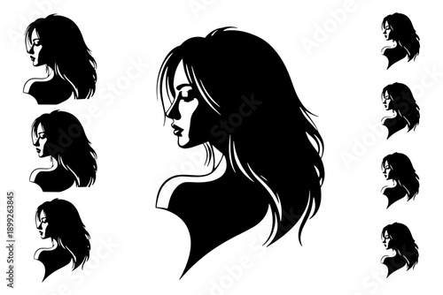 Beautiful Woman from Behind Looking Side Silhouette Vector Icon Sheet