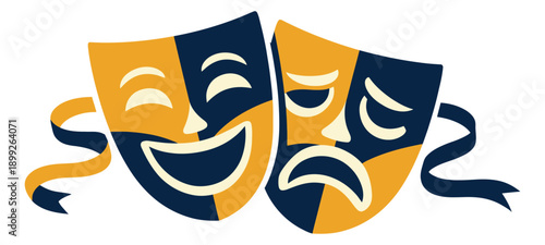 Modern graphic illustration of two comedy and tragedy theater masks symbolizing drama and emotions for performing arts and entertainment