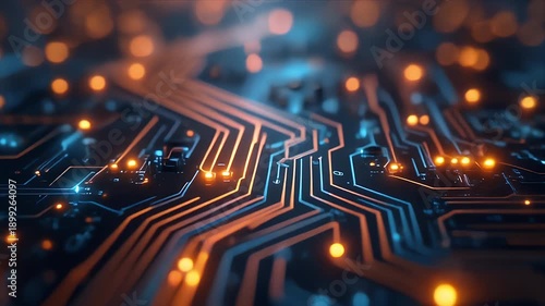 Wallpaper Mural Glowing electronic circuit board in blue and orange tones, representing digital innovation, connectivity, and high-tech systems for technology and business concepts. Torontodigital.ca