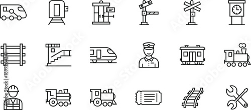 Outline transportation and railway icons set featuring train, station, signals, tracks, vehicles, maintenance, logistics, and travel concepts