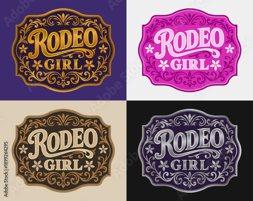 Girl Rodeo Ornate American classic old west style medal typographic emblem, label design vector color variants tag label belt buckle Cowboy floral details Cowgirl Rustic vintage style emblem.