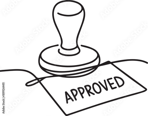 A black and white illustration of a stamp with an approval tag attached to it