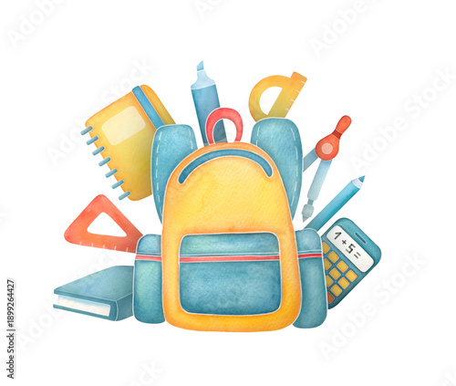 back to school elements set. Cute school stationery, supplies collection of backpack, rulers, calculator, notebook, textbook. hand drawn watercolor illustrations isolated on transparent background