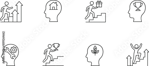 Personal growth and success outline icons set showing achievement, motivation, progress, mindset, career development, and goal concepts