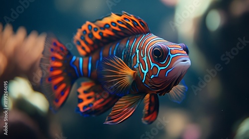 Mandarin fish swims in aquarium, coral background, pet