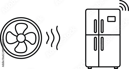 Smart home appliance icons set featuring cooling fan and connected refrigerator for climate control, kitchen, and iot concepts
