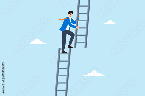 Flat illustration of businessman climbing and switching ladder representing job transition role change growth opportunity professional development and new career